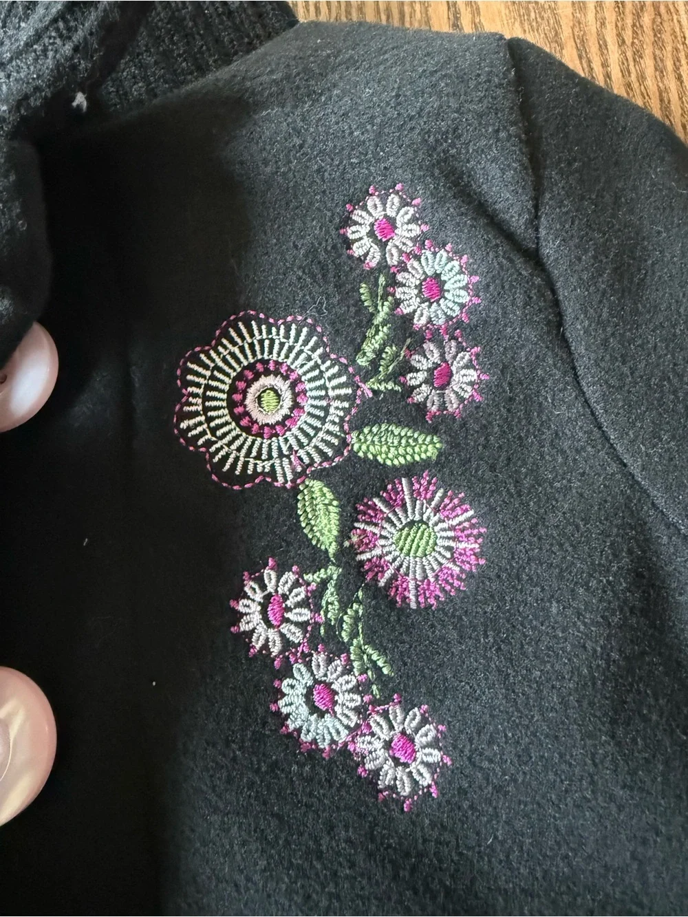 Penelope Mack Black Toddler Pea Coat with Floral Embroidery